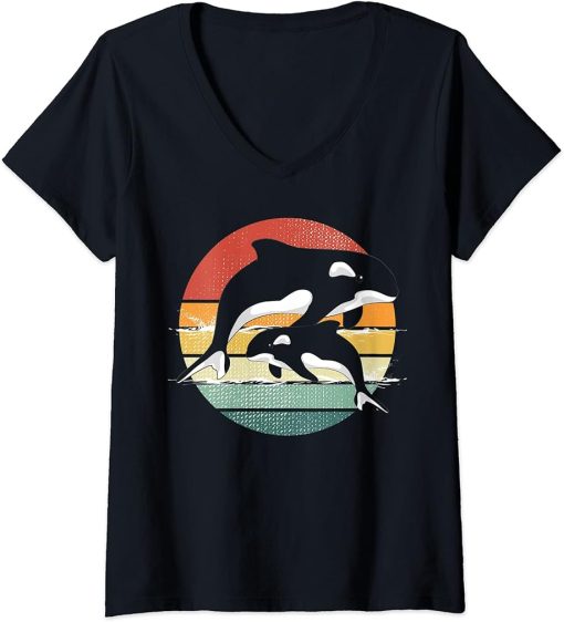 Womens Sea Aquarist Ocean Animal Orca Lover Gift Retro Killer Whale V-Neck T-Shirt