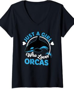 Womens Just A Girl Who Loves Orcas Killer Whales V-Neck T-Shirt