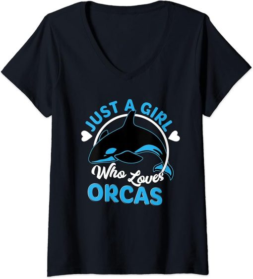 Womens Just A Girl Who Loves Orcas Killer Whales V-Neck T-Shirt