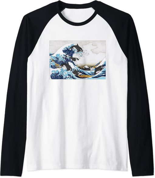 Orca Killer Whale Sea Ocean Japanese The Great Wave Kanagawa Raglan Baseball Tee